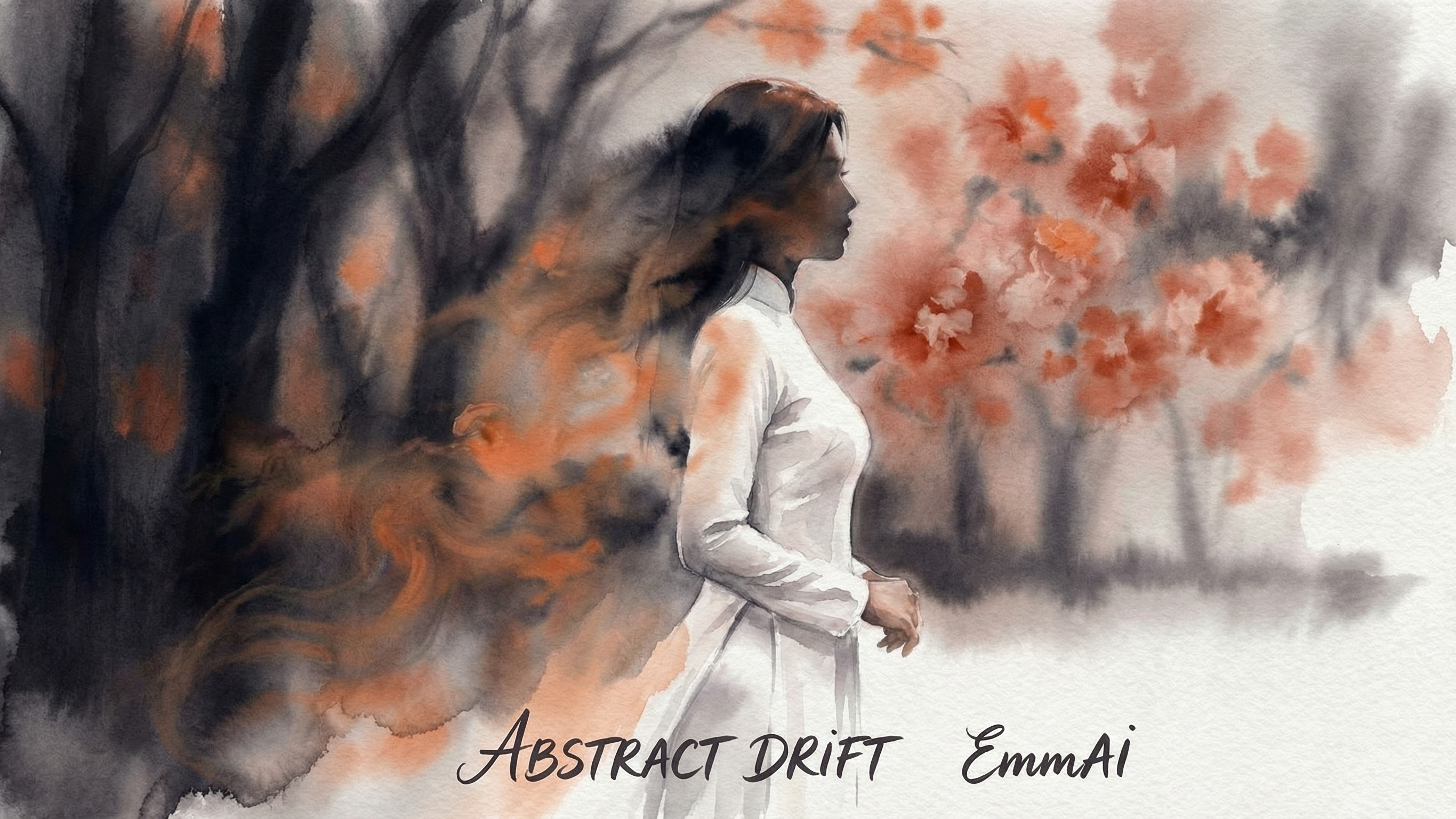 Watercolor of Young Woman in Ao Dai in Dark Forest