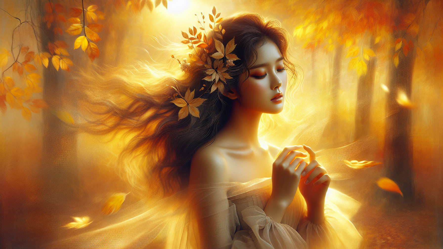 Serene Woman in Autumn Forest with Golden Light