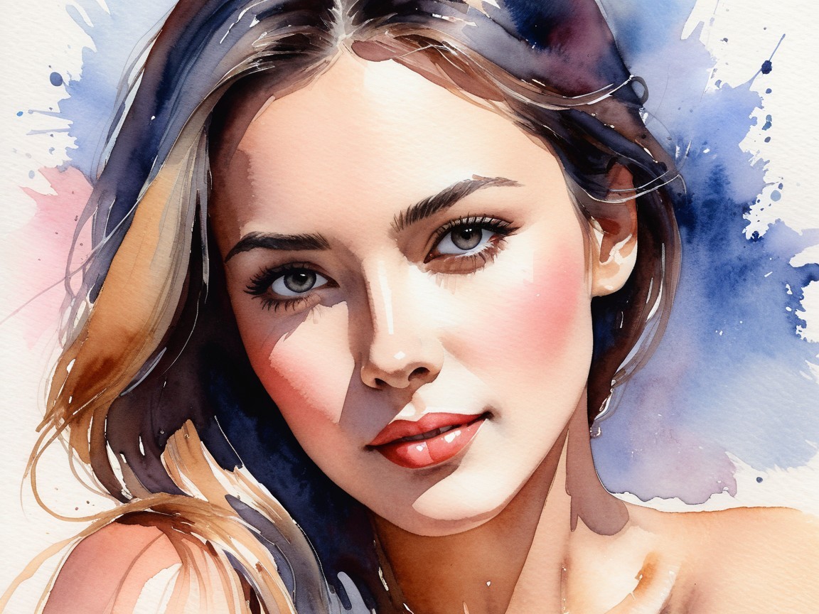 Watercolor Portrait of a Young Woman with Blue Eyes