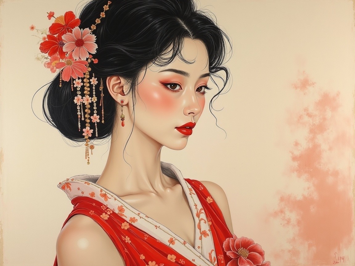 Portrait of a woman in a floral red kimono