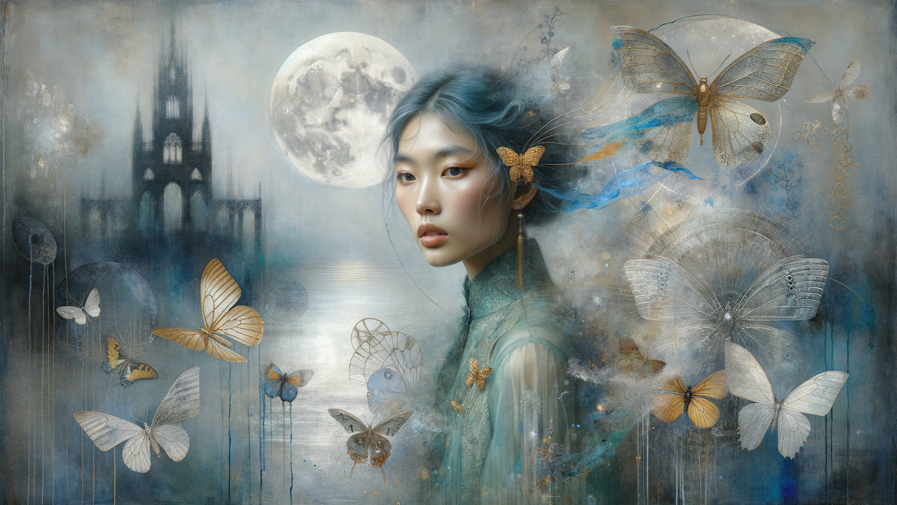 Serene Young Woman with Blue Hair and Butterflies