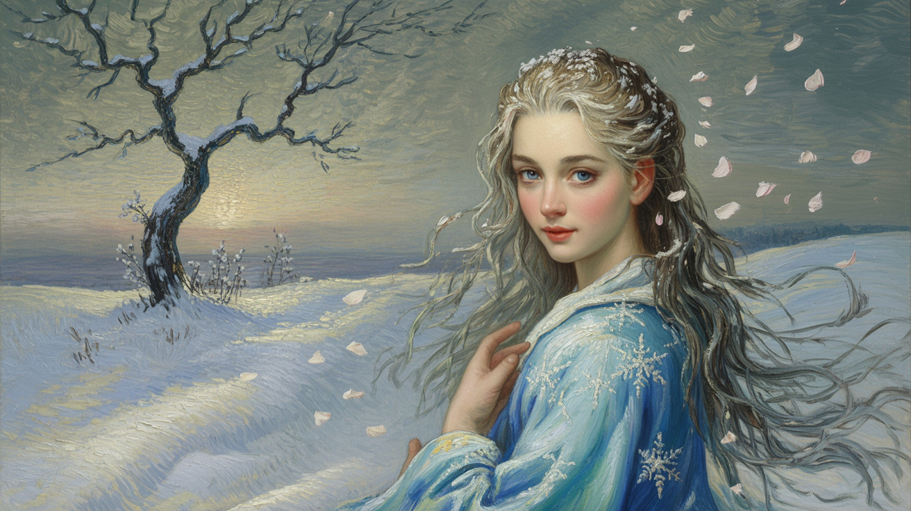 Serene Woman in Blue Gown in Winter Landscape