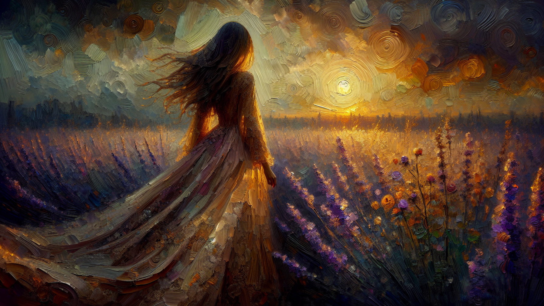 Woman in Ethereal Dress in Lavender Field at Sunset