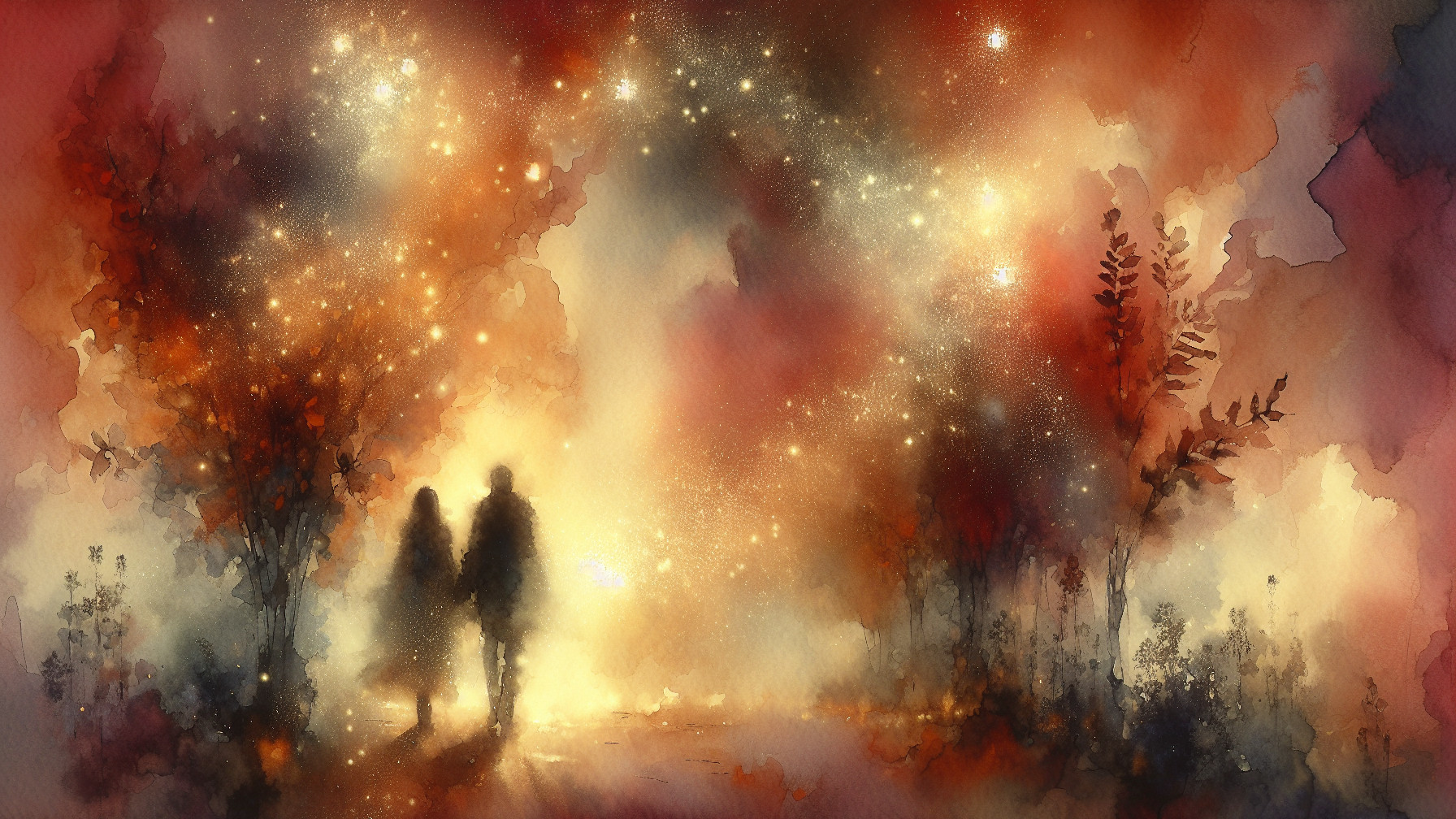 Watercolor Scene of Couple in Dreamy Landscape