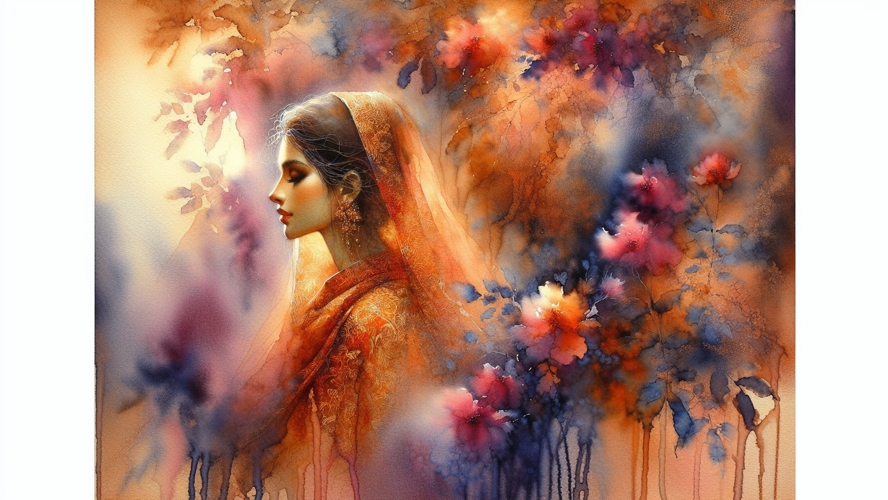 Watercolor Painting of Woman in Flowing Shawl and Flowers