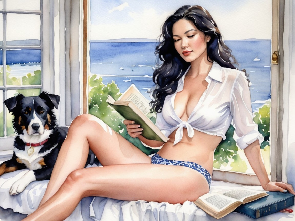 Woman Reading by Window with Dog and Sea View