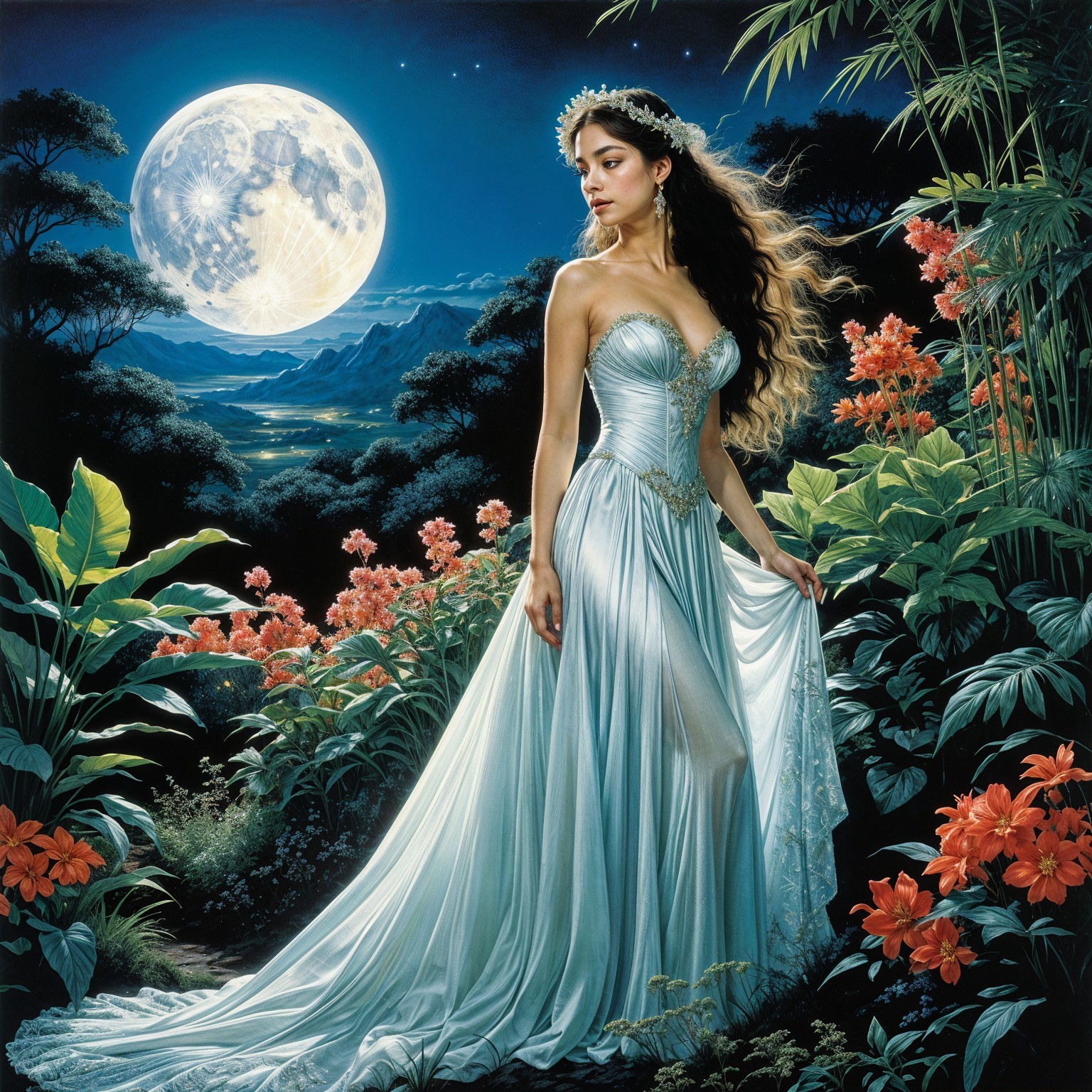 Elegant Woman in Moonlit Forest with Exotic Flowers