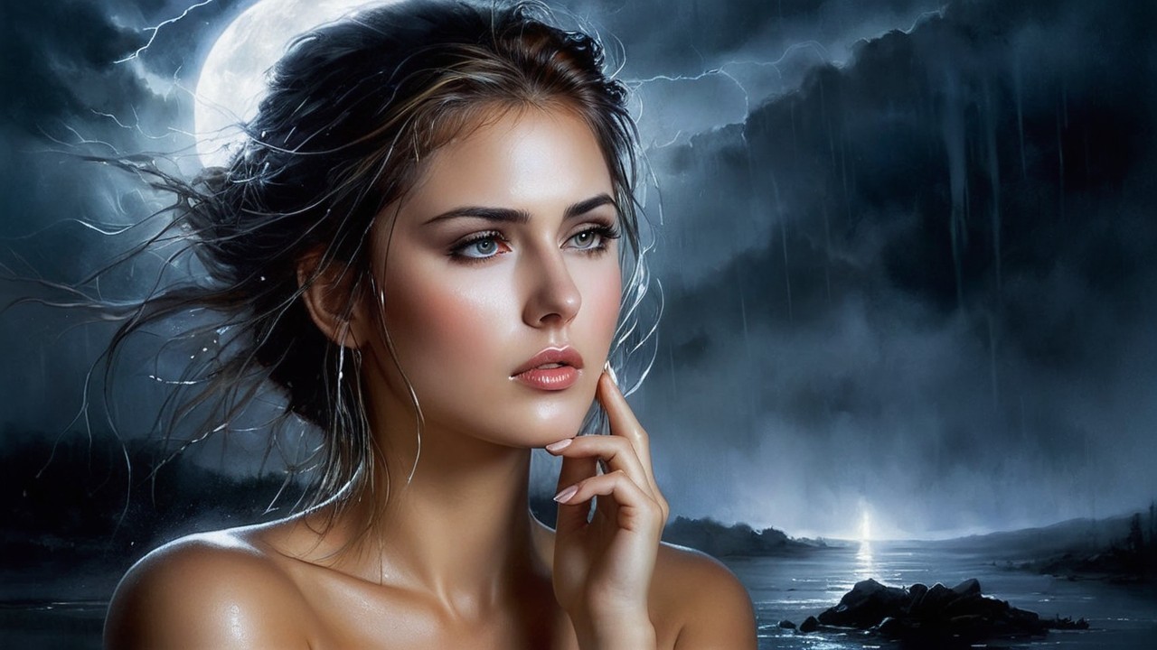 Serene Woman in Dramatic Moonlit Landscape