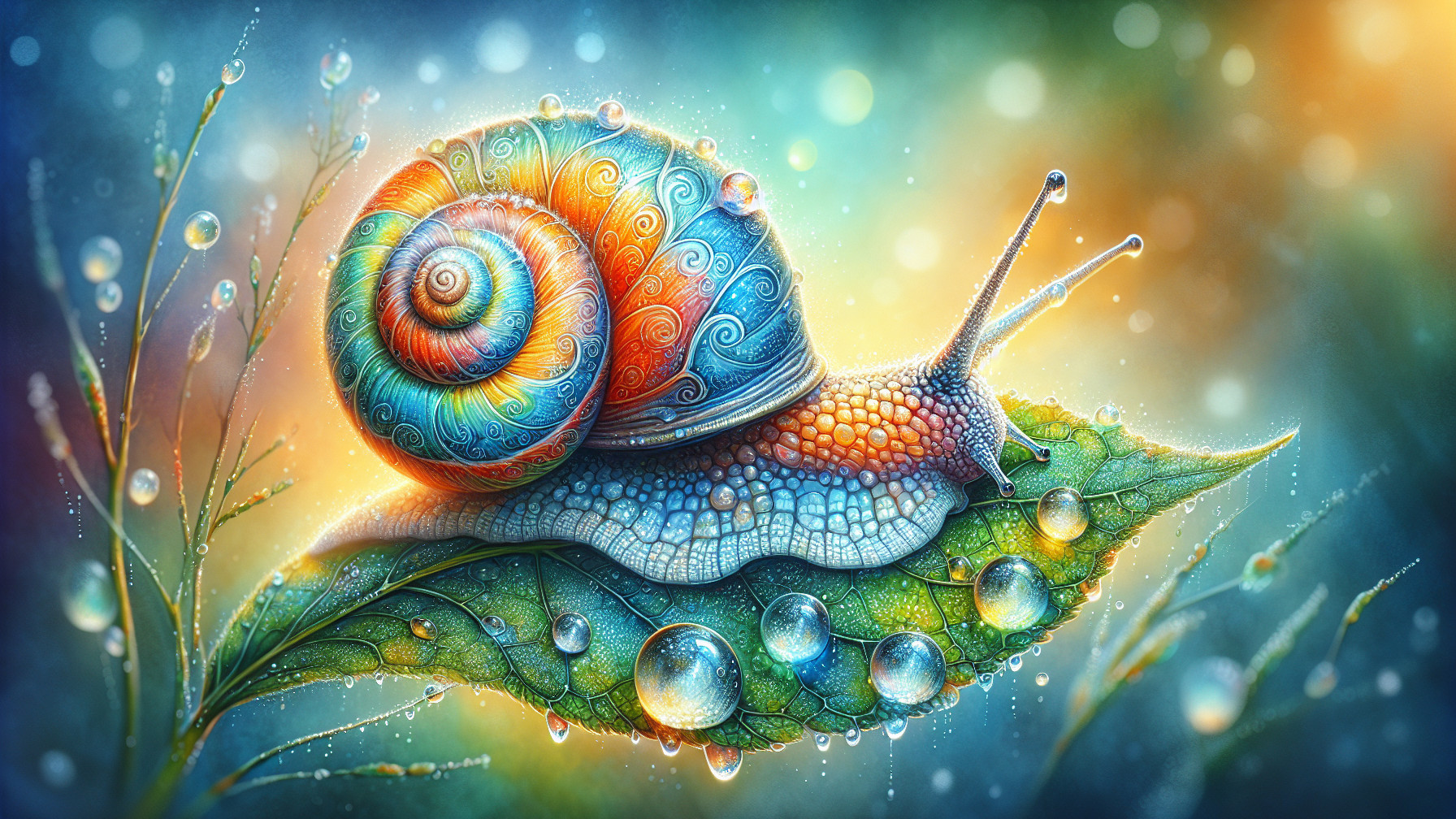 Colorful Snail on Dewy Leaf in Serene Nature Scene