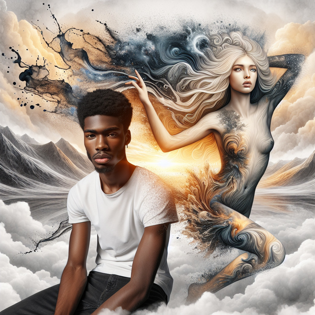 Young man against vibrant backdrop with ethereal figure