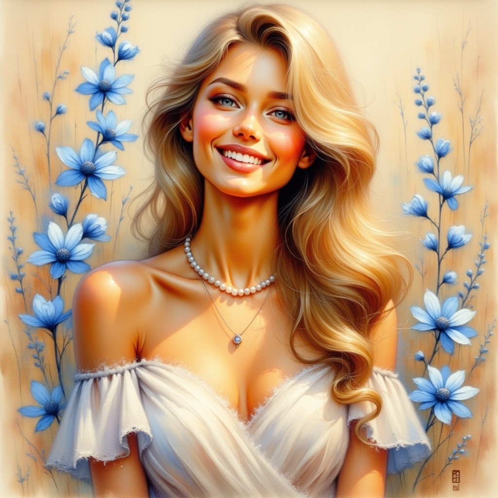 Radiant young woman in flowing white dress with flowers