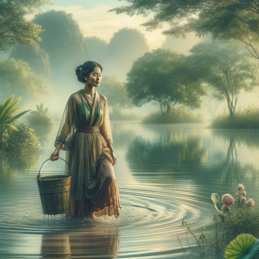 Serene Landscape of Woman Wading in Tranquil River