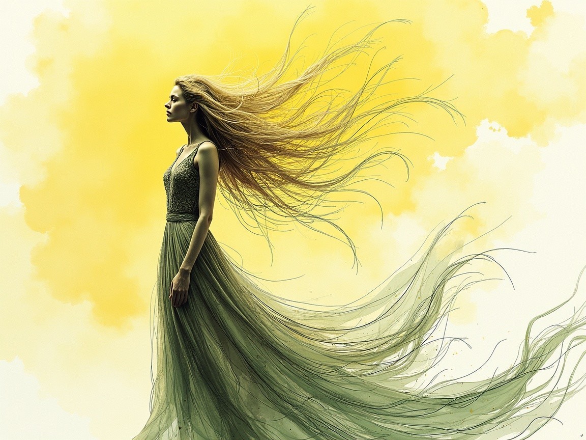 Graceful figure in flowing green gown against yellow background