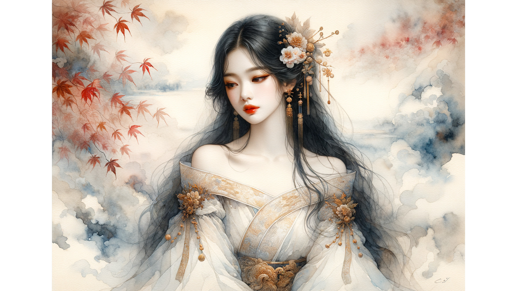 Ethereal figure in traditional outfit with floral details