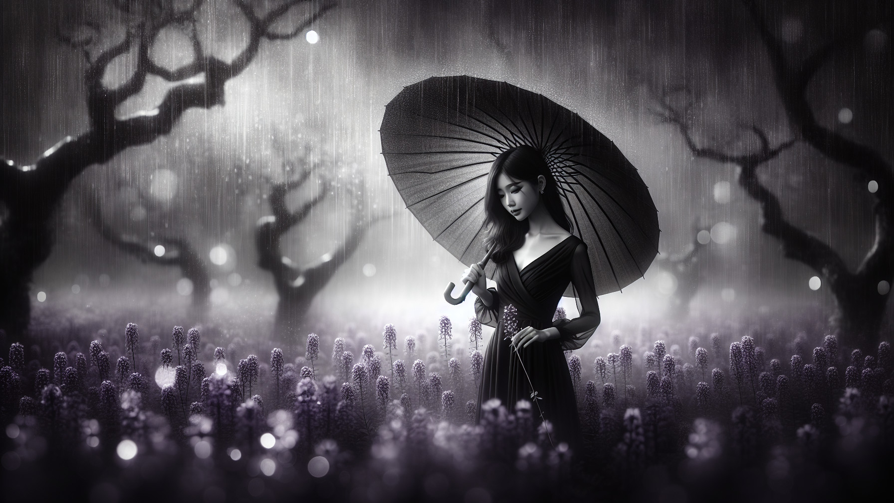Moody Black-and-White Landscape with Woman and Flowers