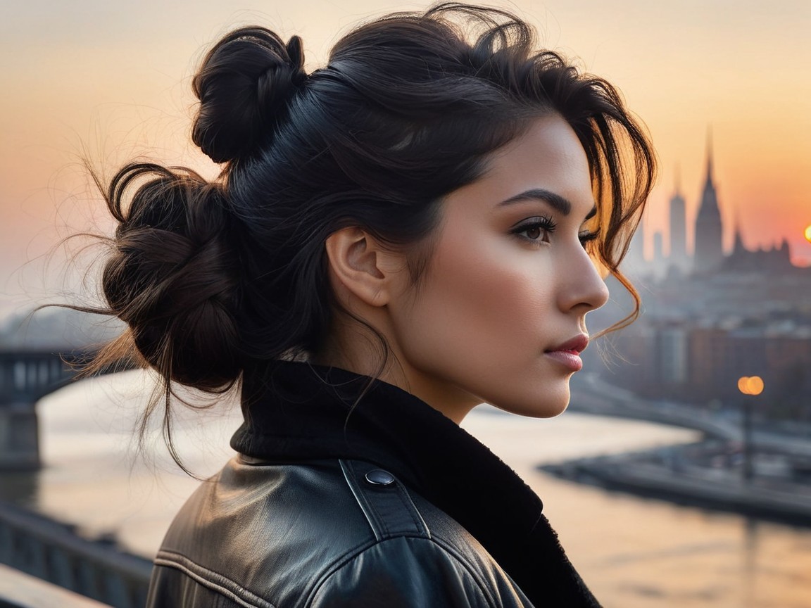 Woman in profile against a sunset with city skyline