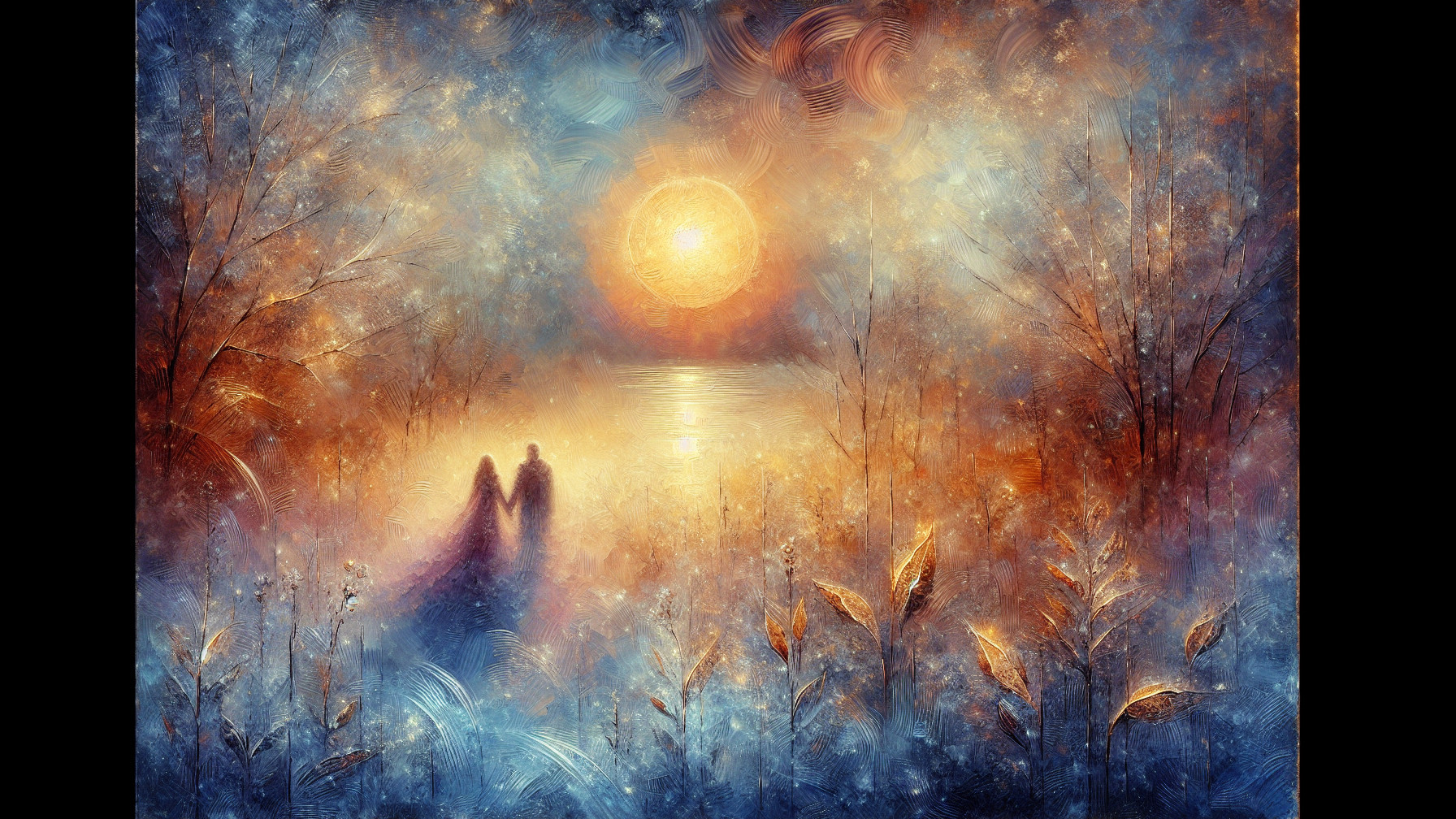 Dreamy Sunset Landscape with Silhouetted Figures