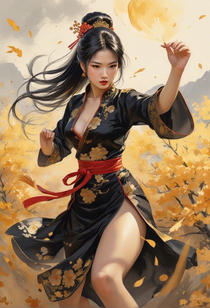 Elegant Woman in Black Kimono Among Autumn Leaves