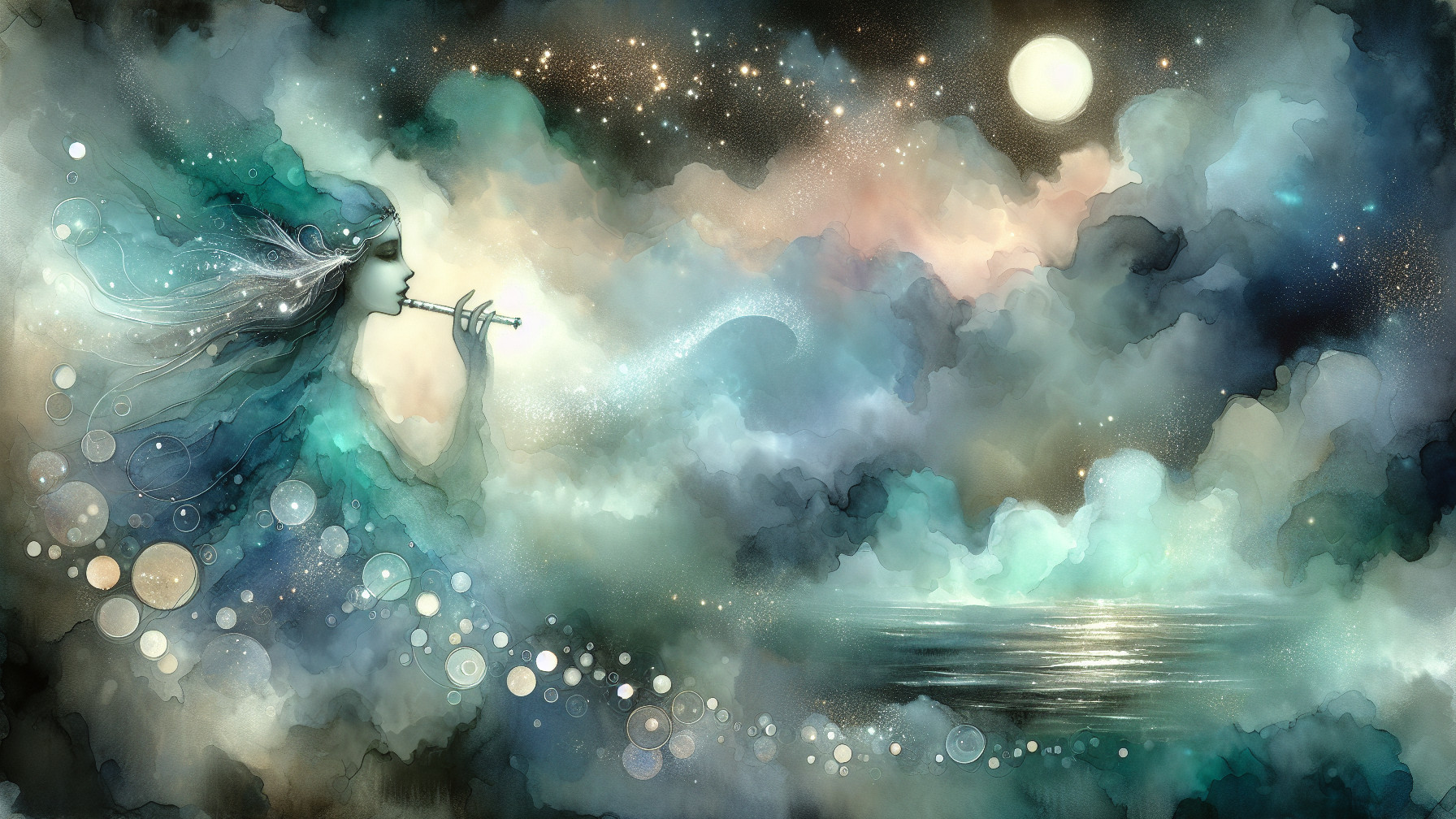 Ethereal Figure Playing Flute in Dreamlike Scene