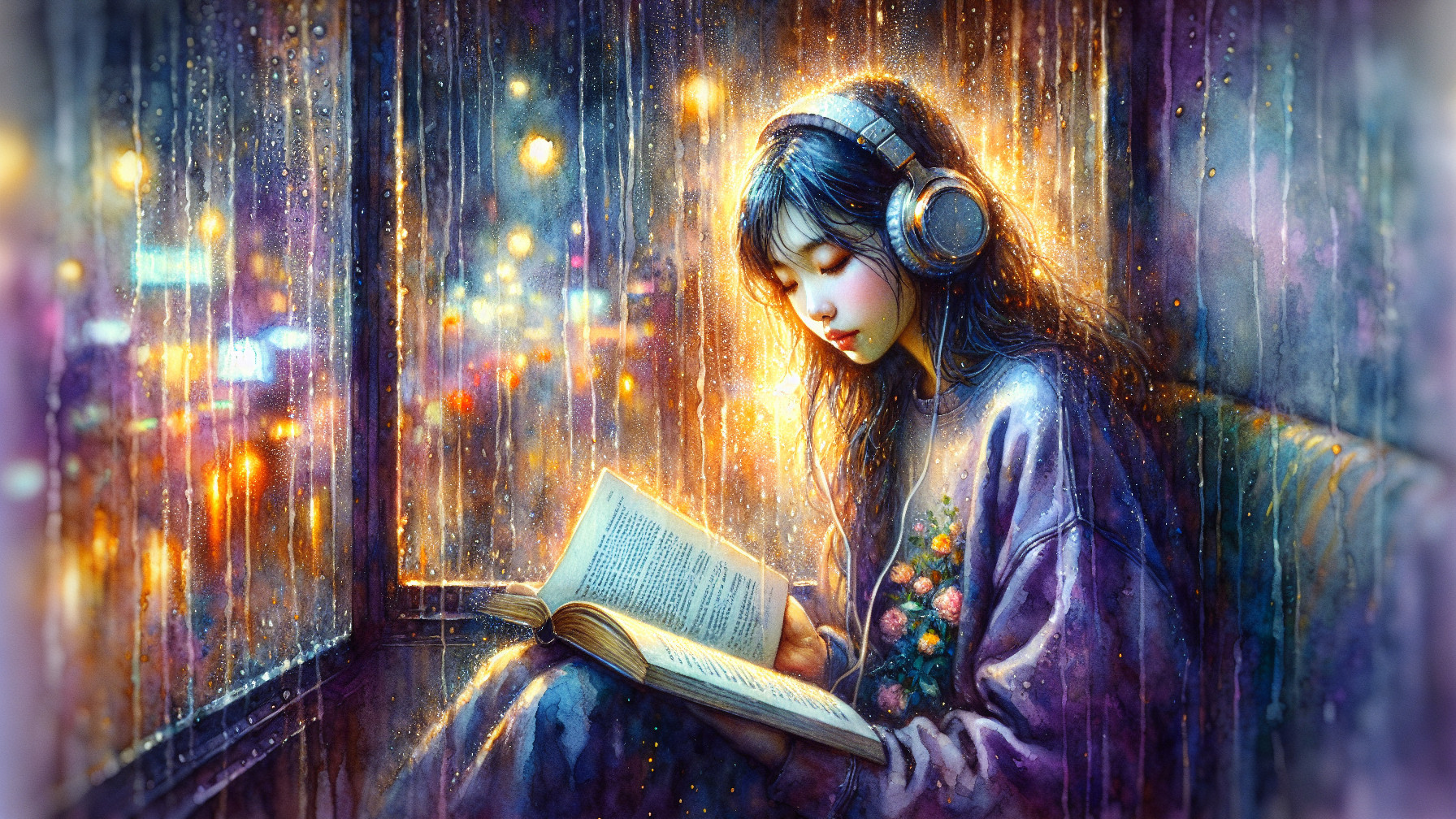 Young woman reading by a rain-streaked window
