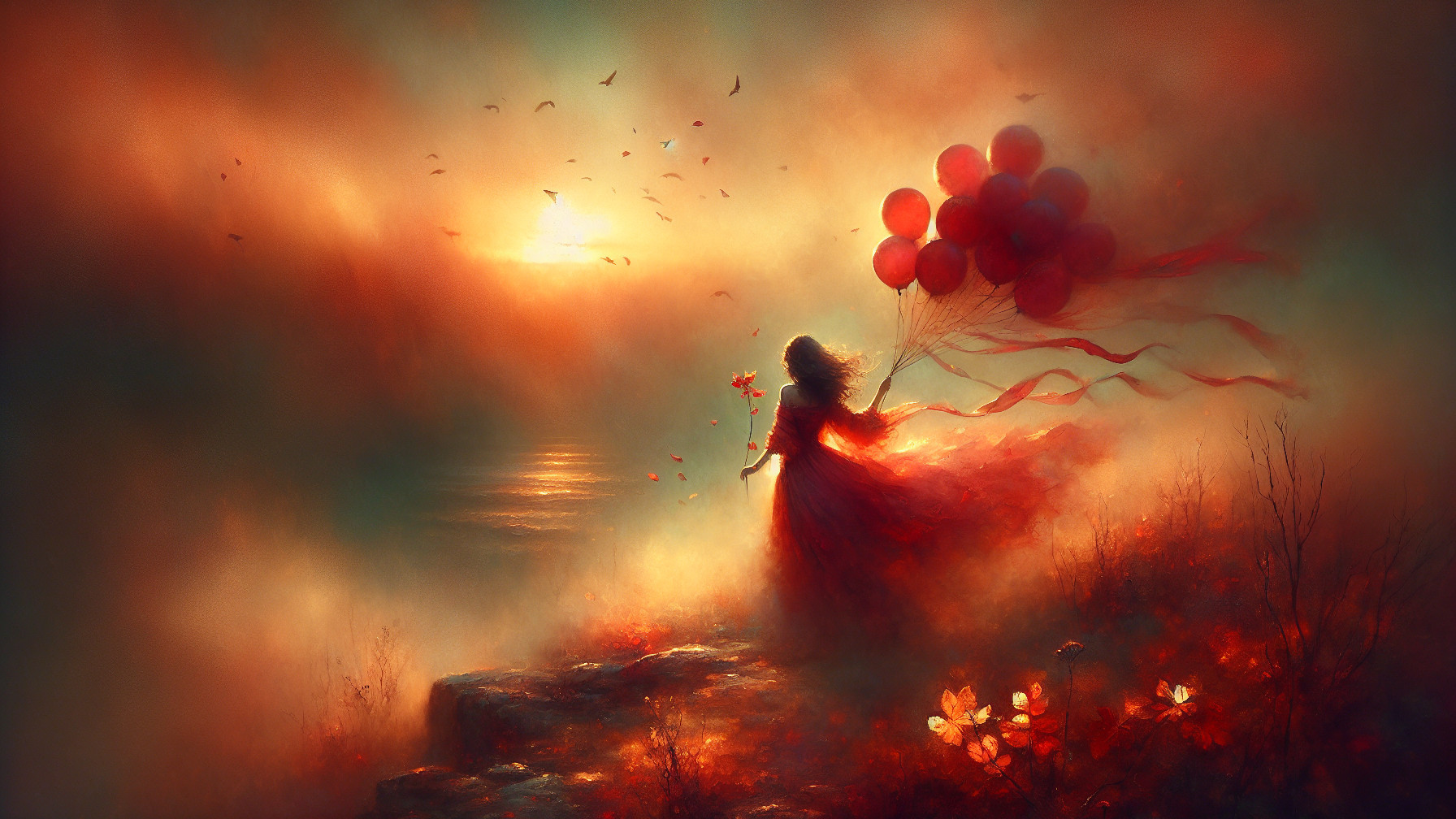 Figure in Red Dress in Misty Landscape by Water