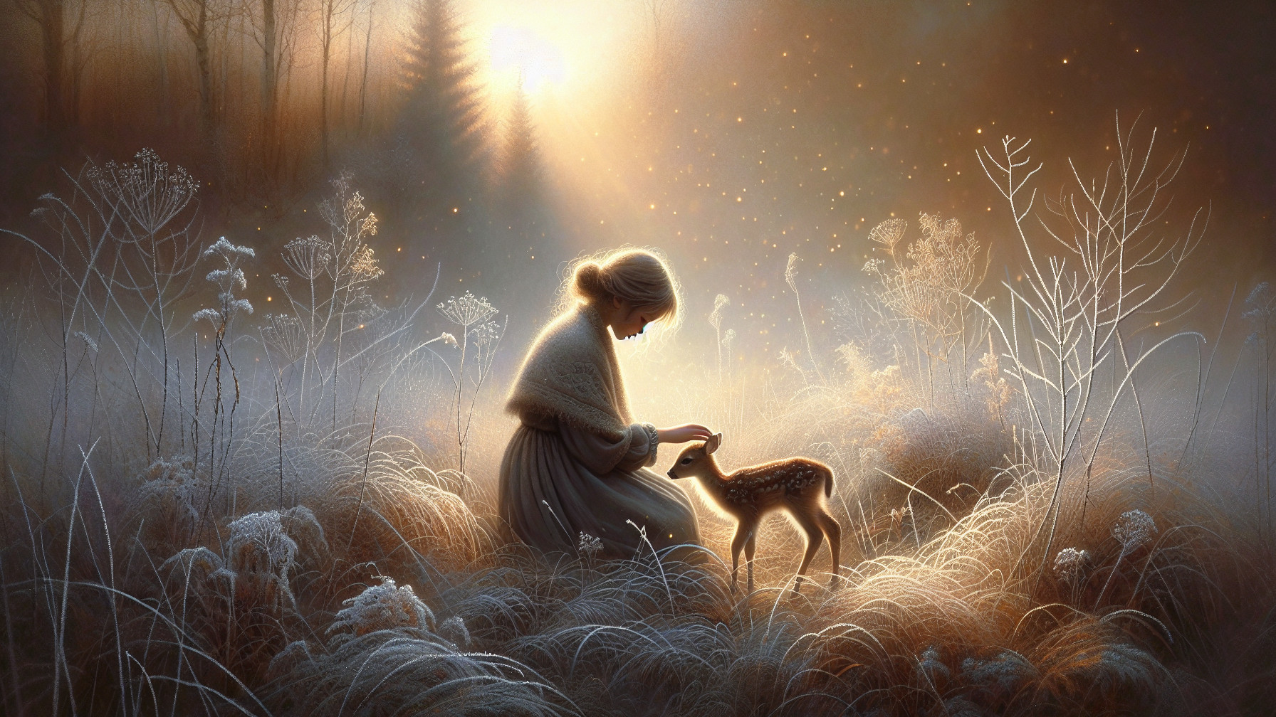 Misty Landscape with Woman and Fawn at Dawn