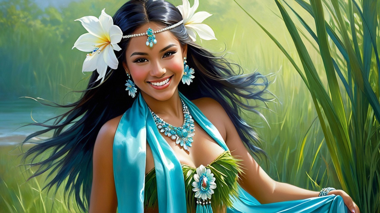 Young woman in tropical attire with floral accents