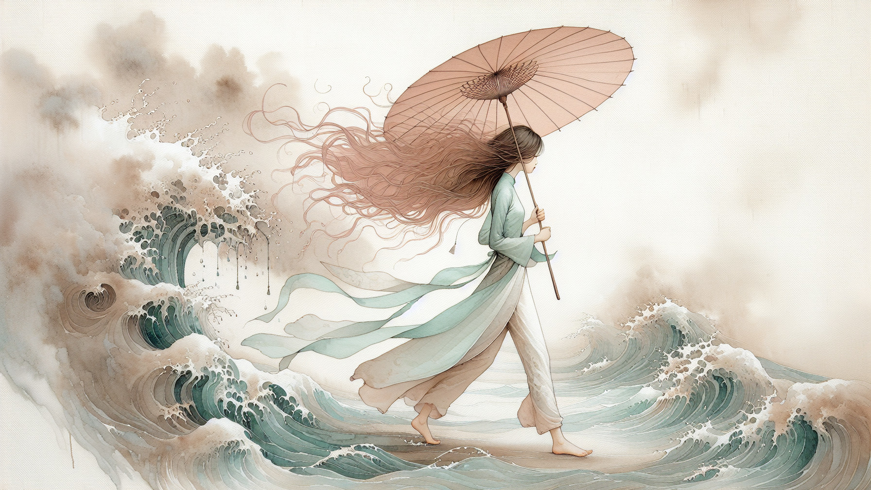 Serene Figure with Umbrella by Tumultuous Waves