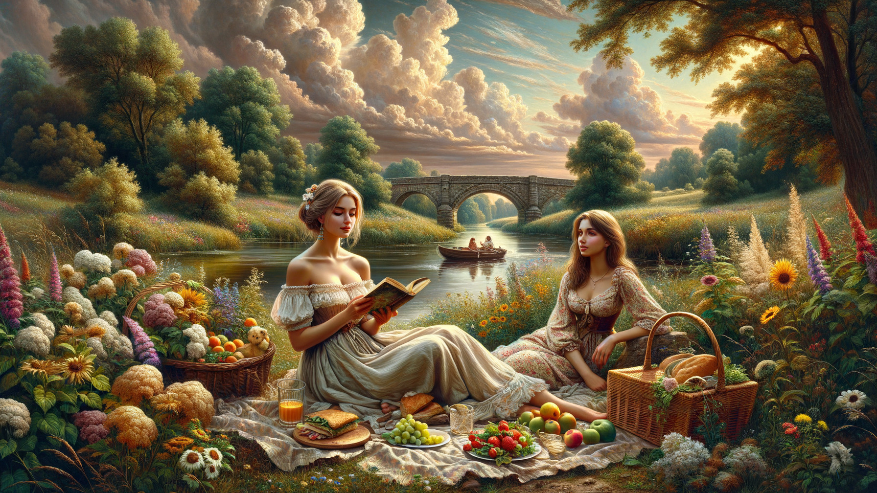 Picnic Scene by a Tranquil River with Vibrant Nature