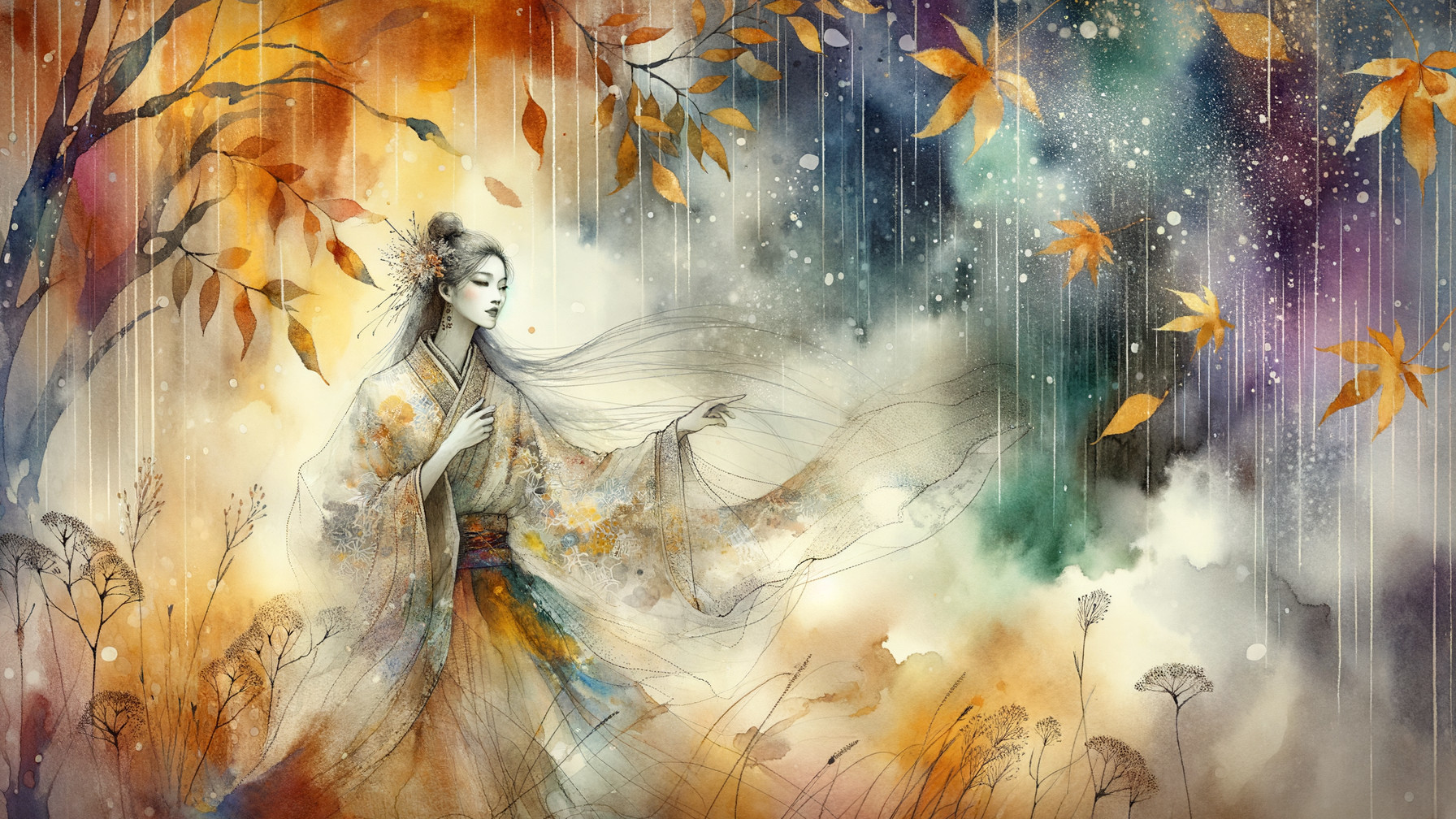 Graceful Figure in Kimono Amidst Autumn Landscape