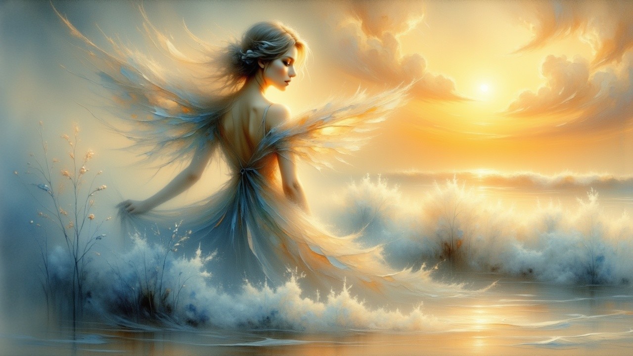 Serene figure by water with shimmering wings at sunset