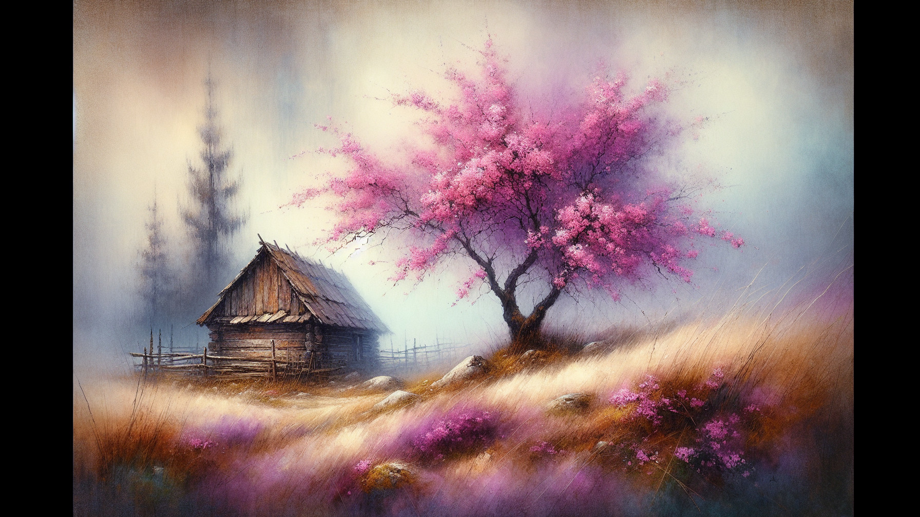 Rustic Cabin and Blossom Tree in Serene Landscape