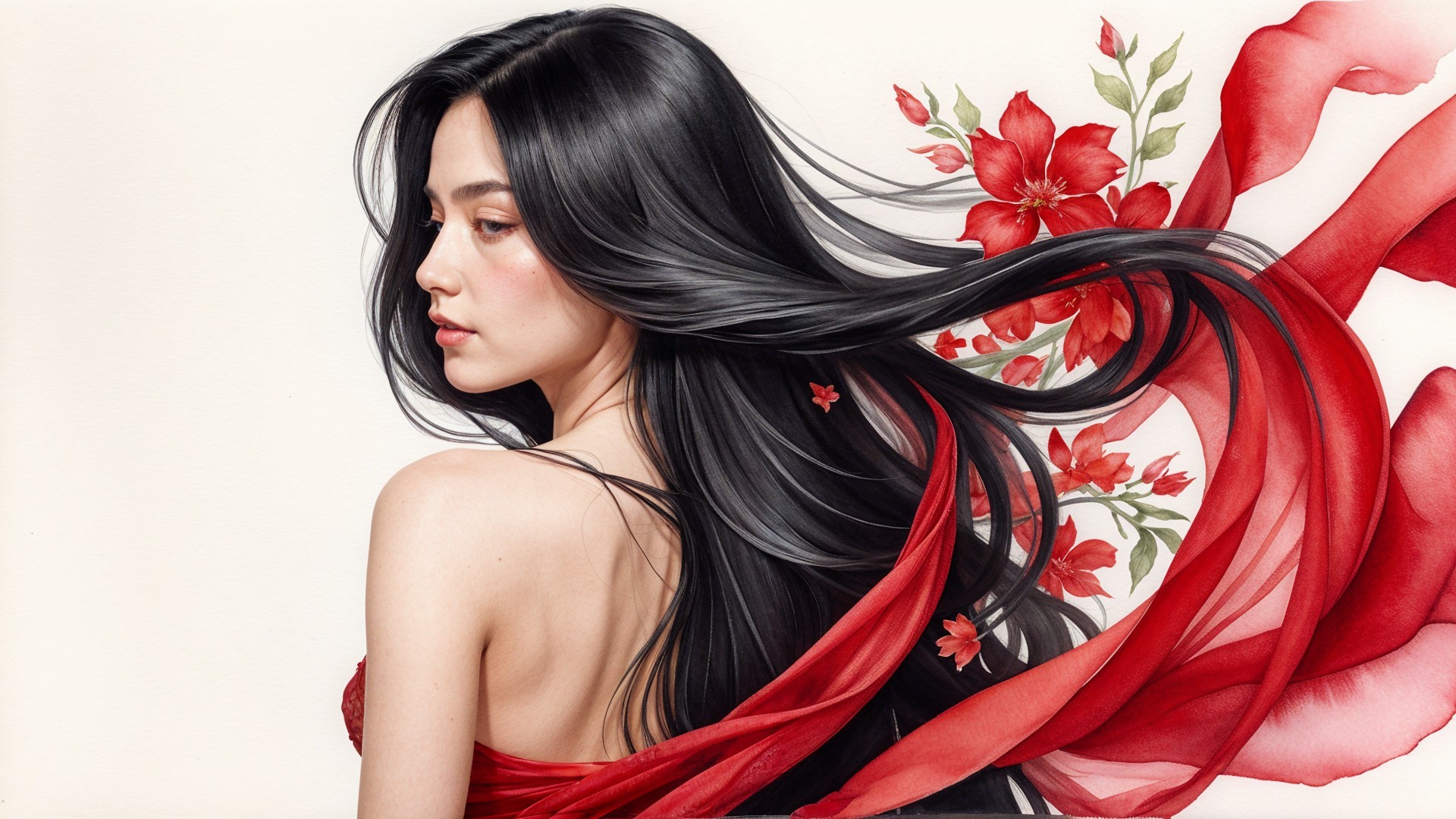Elegant Woman in Red Dress Amidst Vibrant Flowers