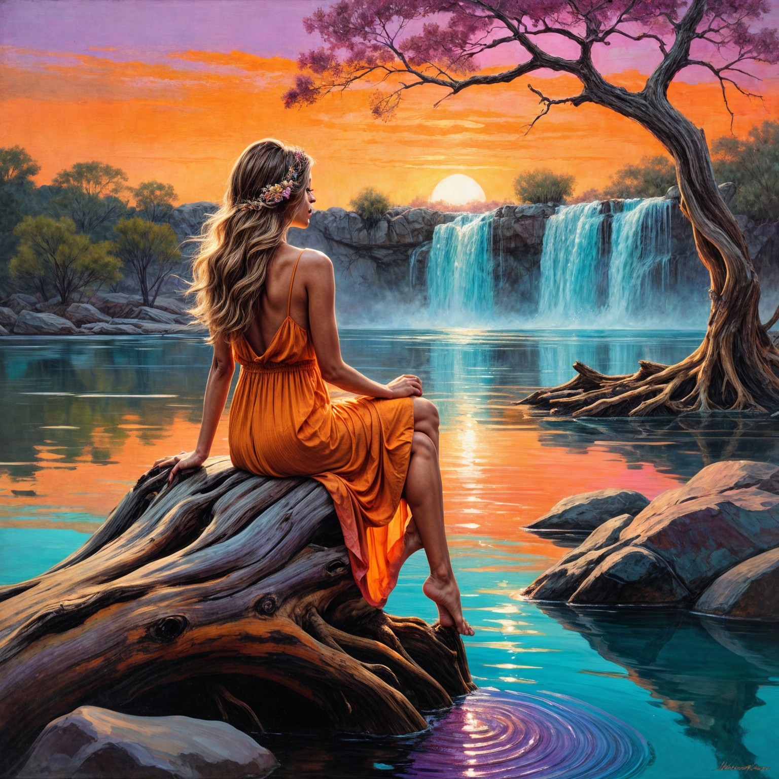 Woman in Orange Dress by Tranquil Lake at Sunset