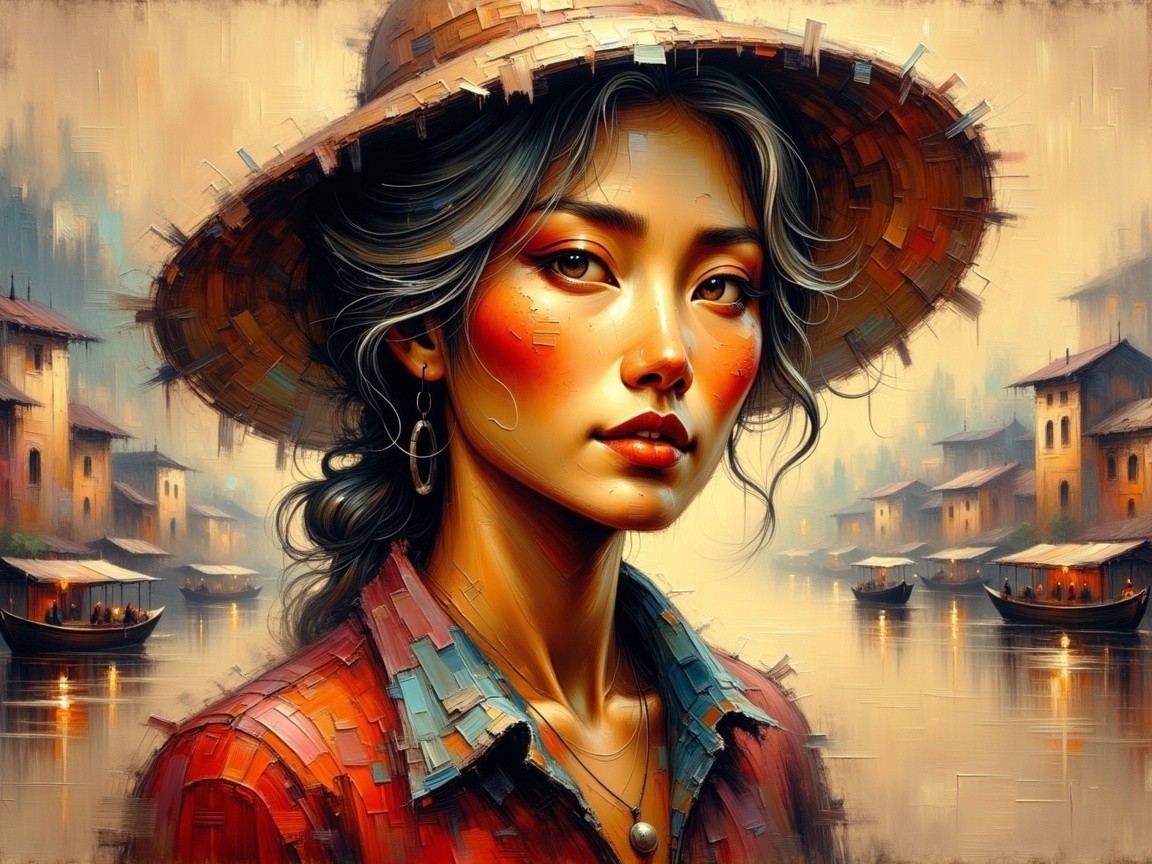 Young woman in straw hat by traditional wooden houses