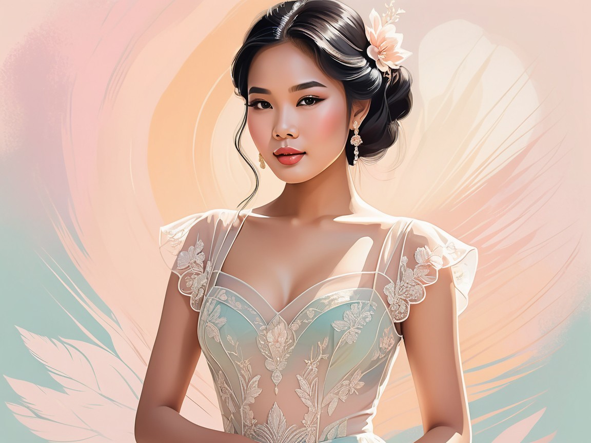 Young woman in pastel gown with floral patterns