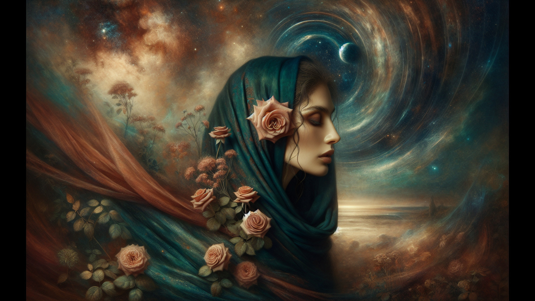 Serene Woman in Teal Scarf with Cosmic Background