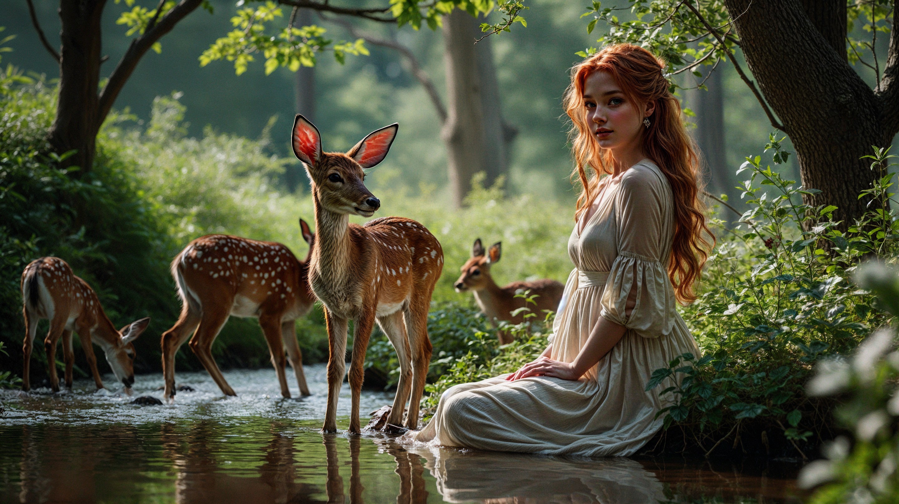 Young Woman by Stream with Spotted Deer in Nature