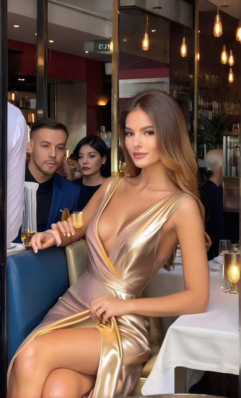 Elegant Woman in Gold Dress at Chic Restaurant