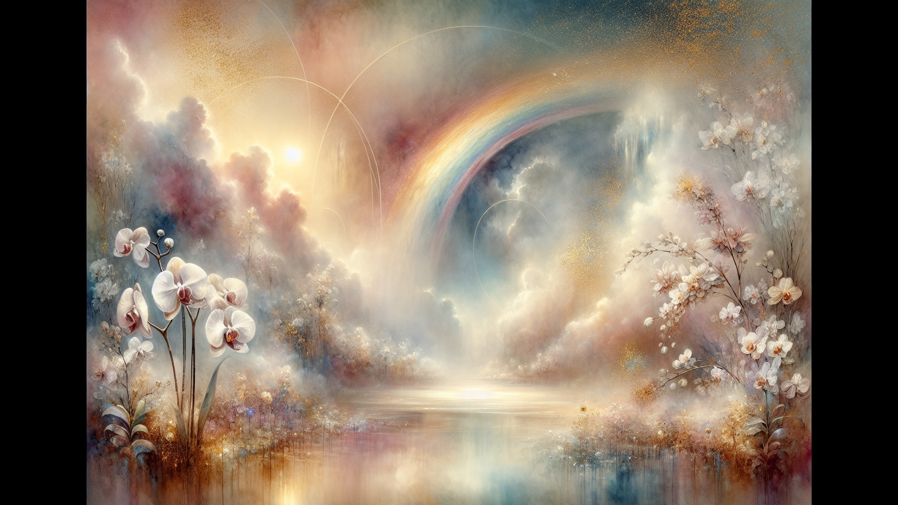 Serene landscape with sunrise, rainbow, and orchids