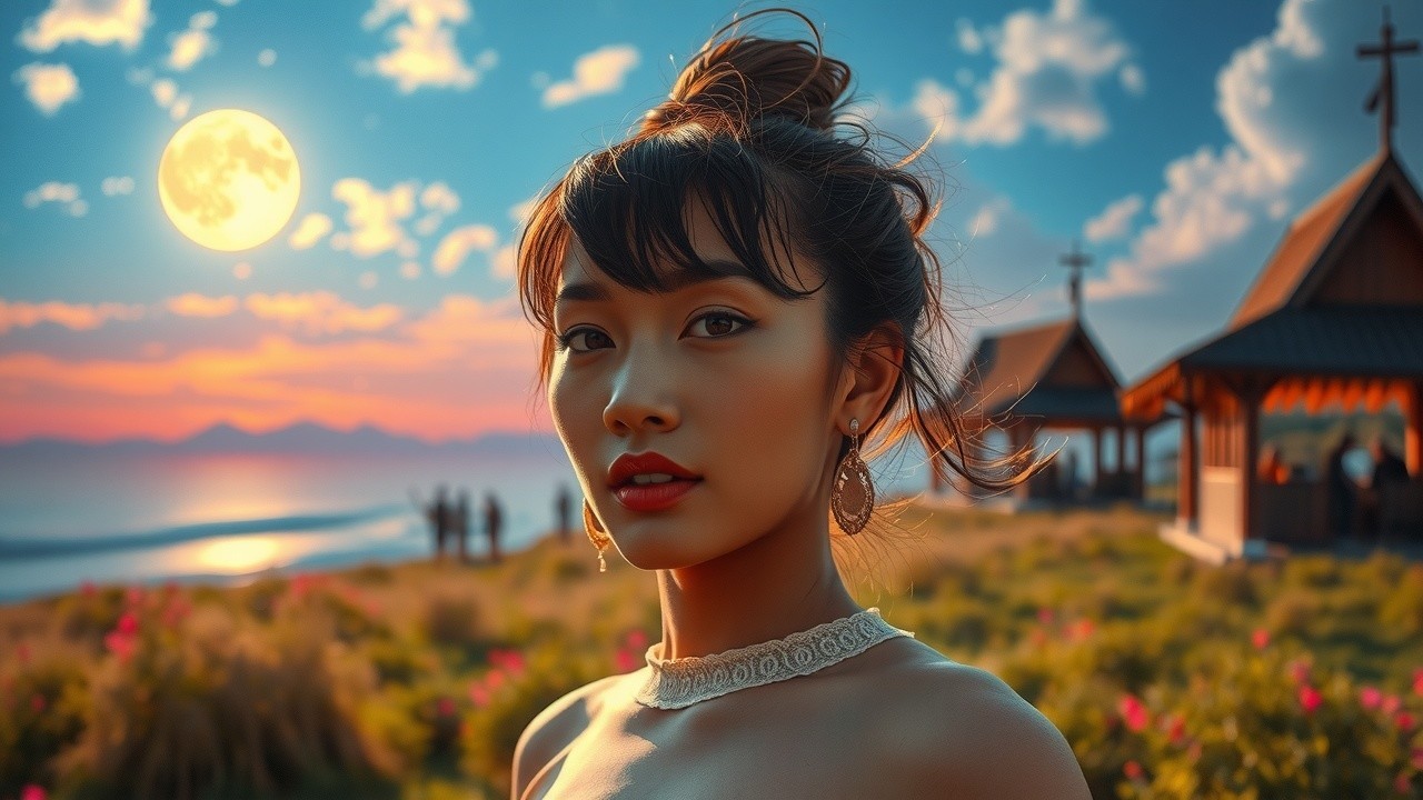 Young woman in elegant pose at sunset and moon
