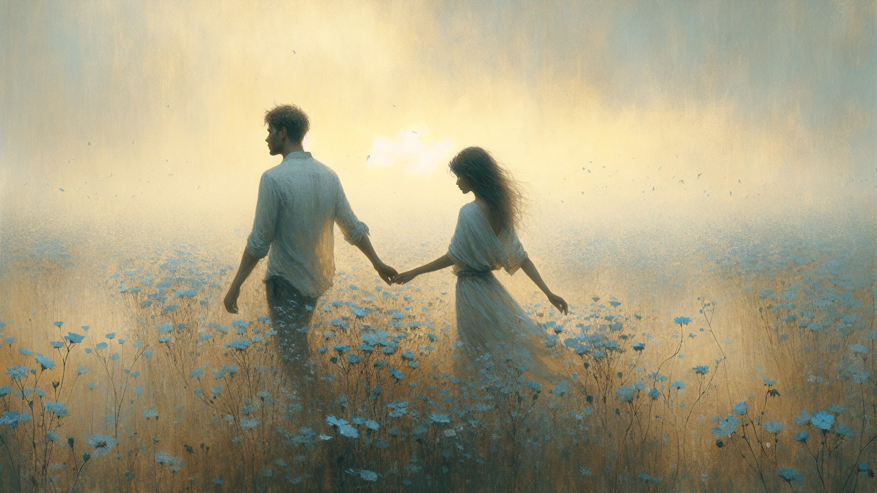 Couple in Misty Field of Blue Flowers at Dusk