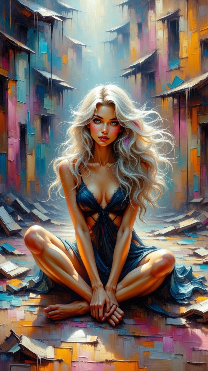 Serene Figure in Colorful Urban Landscape Setting