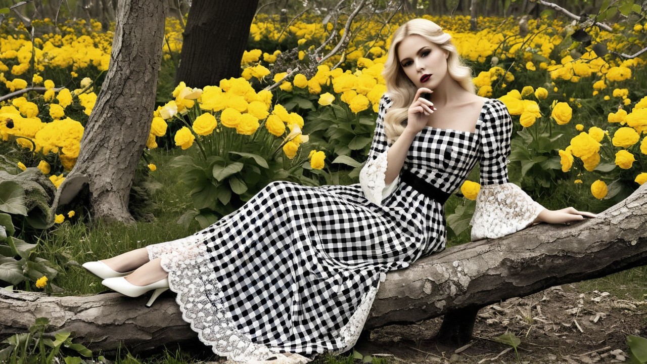 Woman on Tree Branch Surrounded by Yellow Flowers
