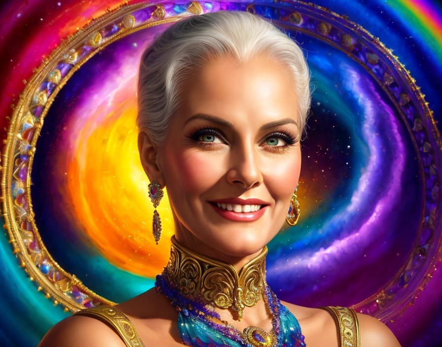 Smiling Woman with White Hair in Cosmic Background