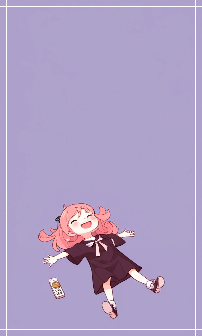 Cheerful anime girl with pink hair on purple background