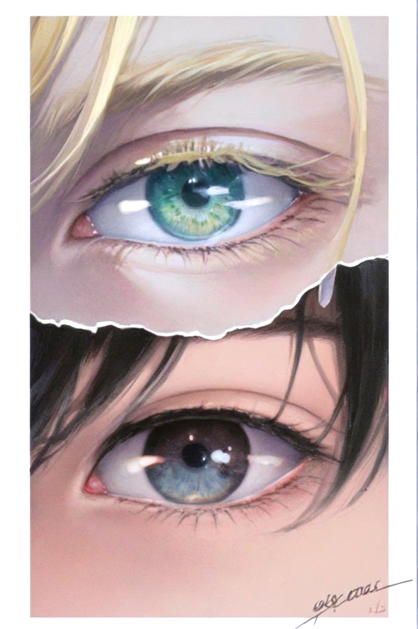 Close-up of contrasting green and brown eyes