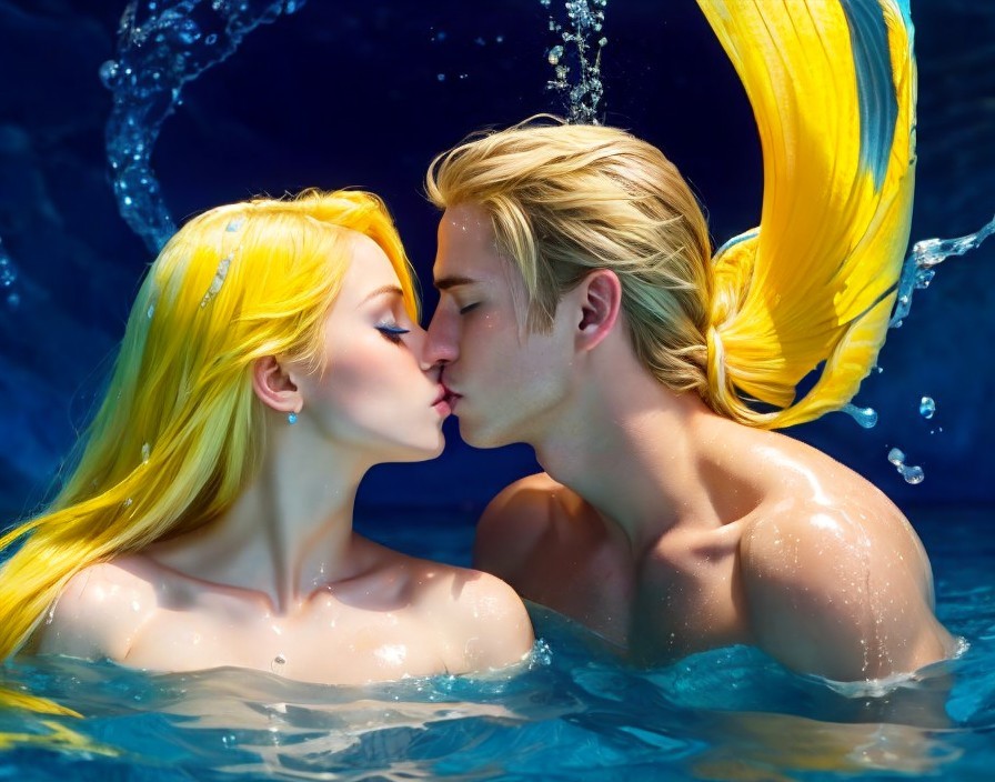Blonde-haired couple kissing underwater with bubbles