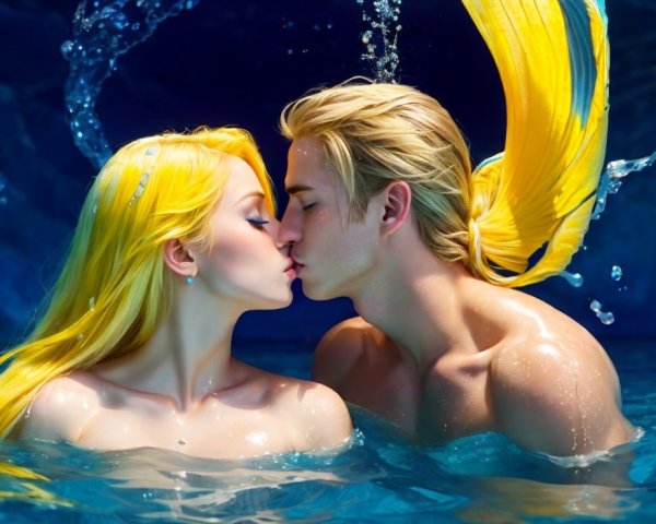 Blonde-haired couple kissing underwater with bubbles