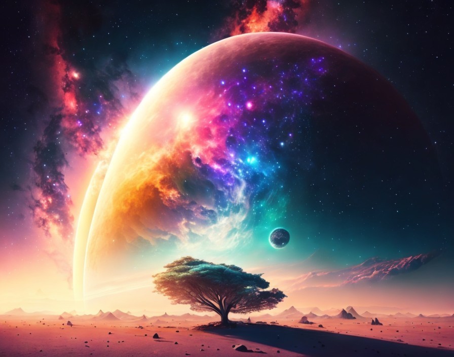 Surreal Landscape with Tree and Celestial Bodies